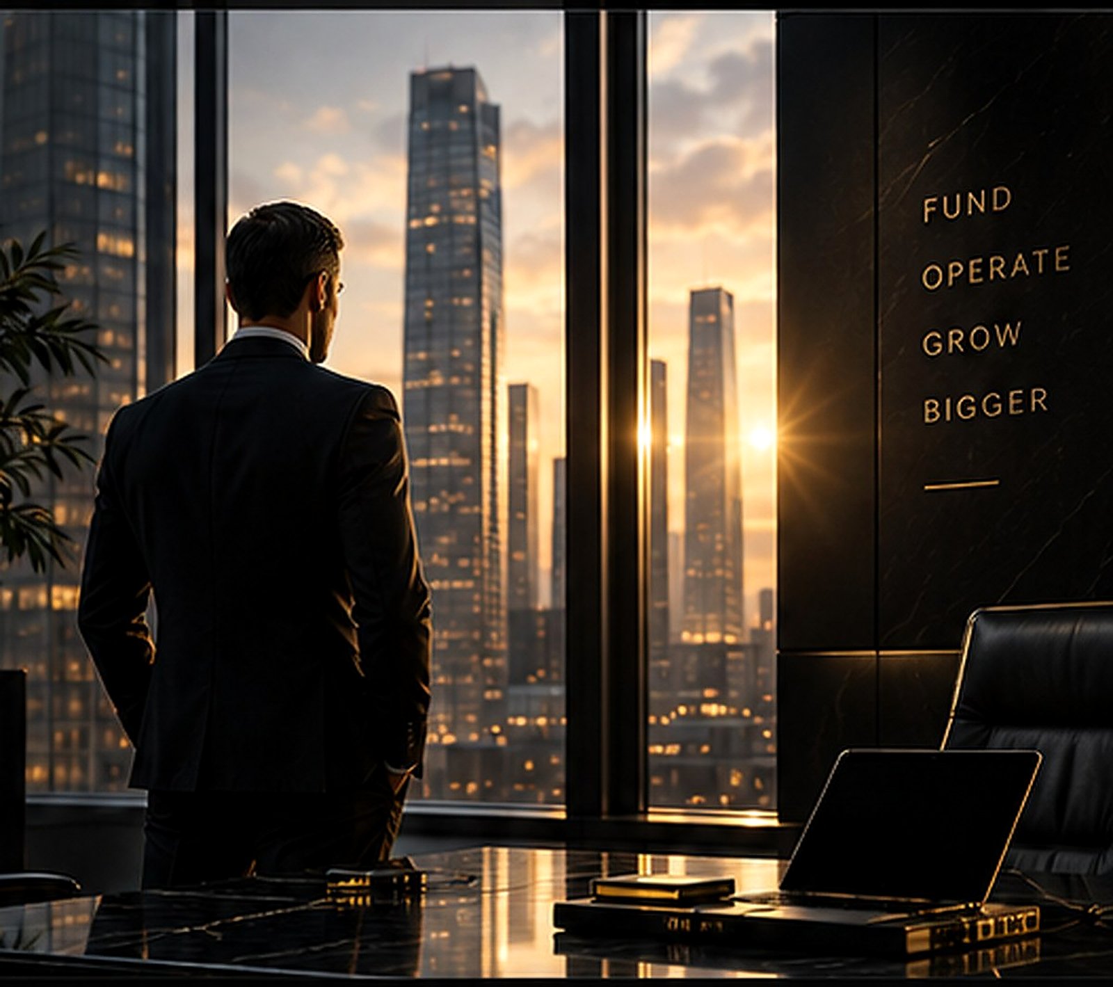 Business owner overlooking a city skyline